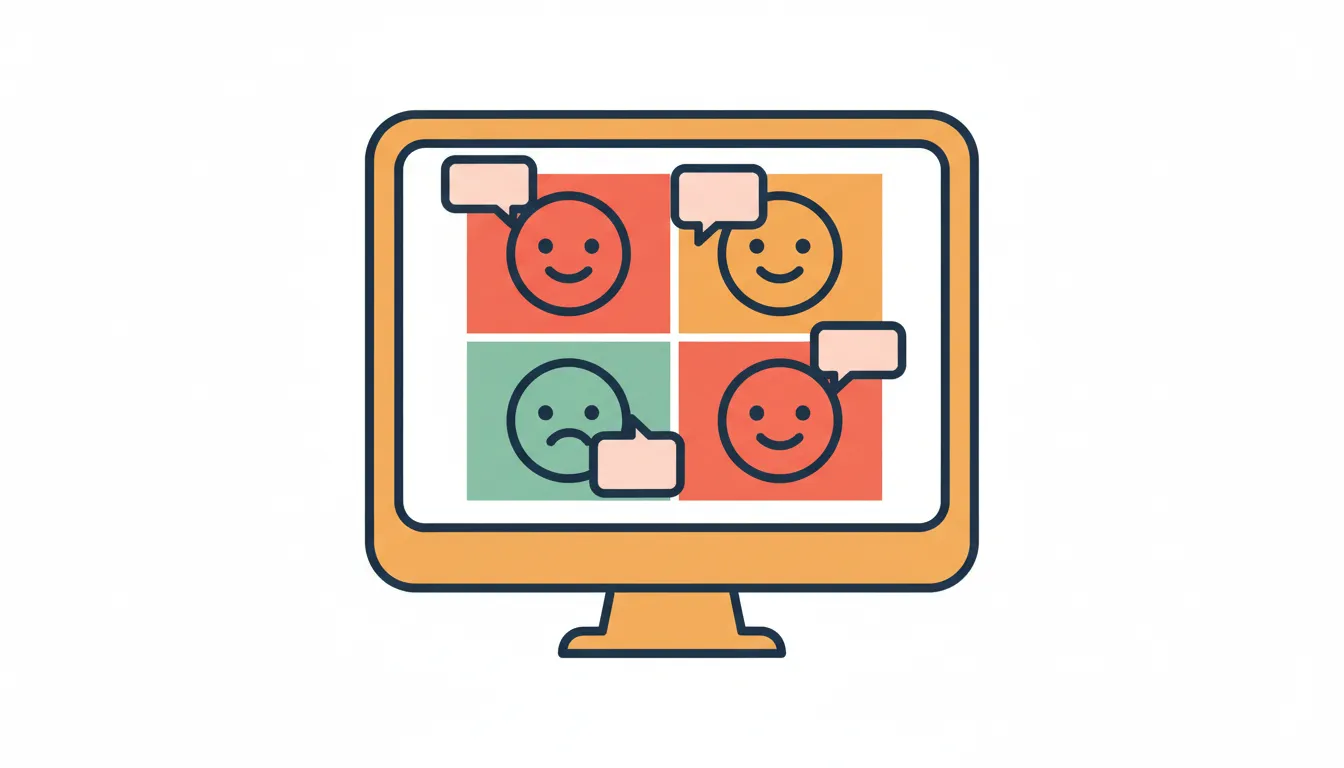 Computer screen with video call and speech bubbles