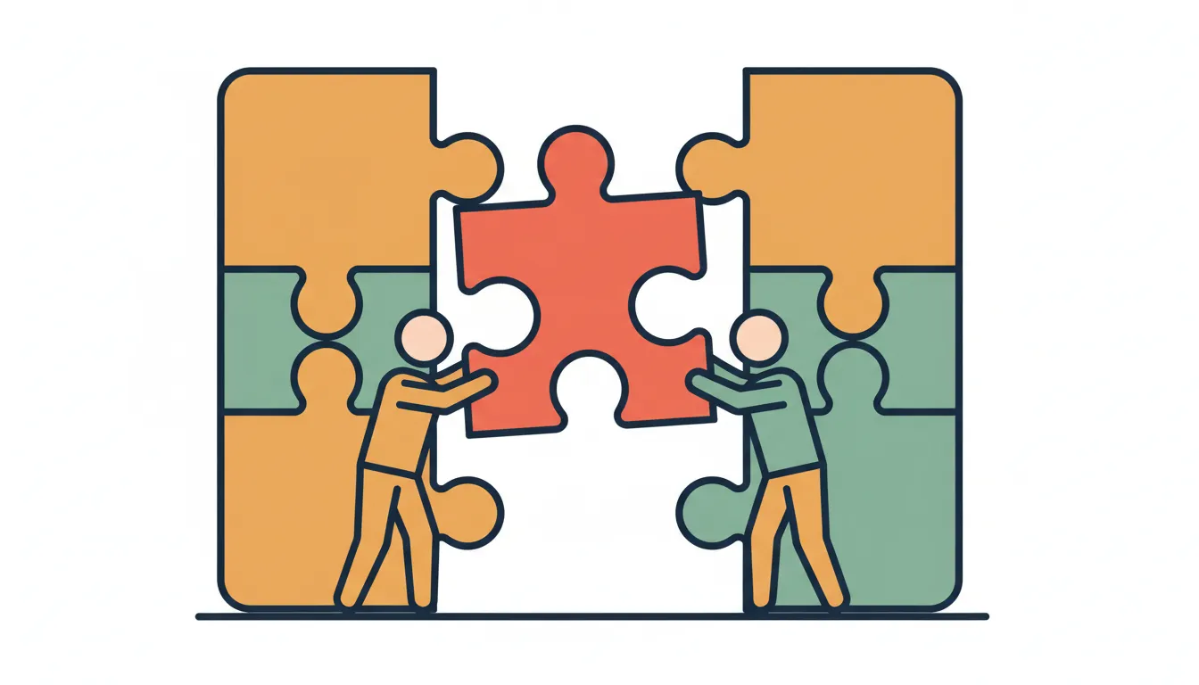 Puzzle pieces being fitted together by small figures around a larger puzzle