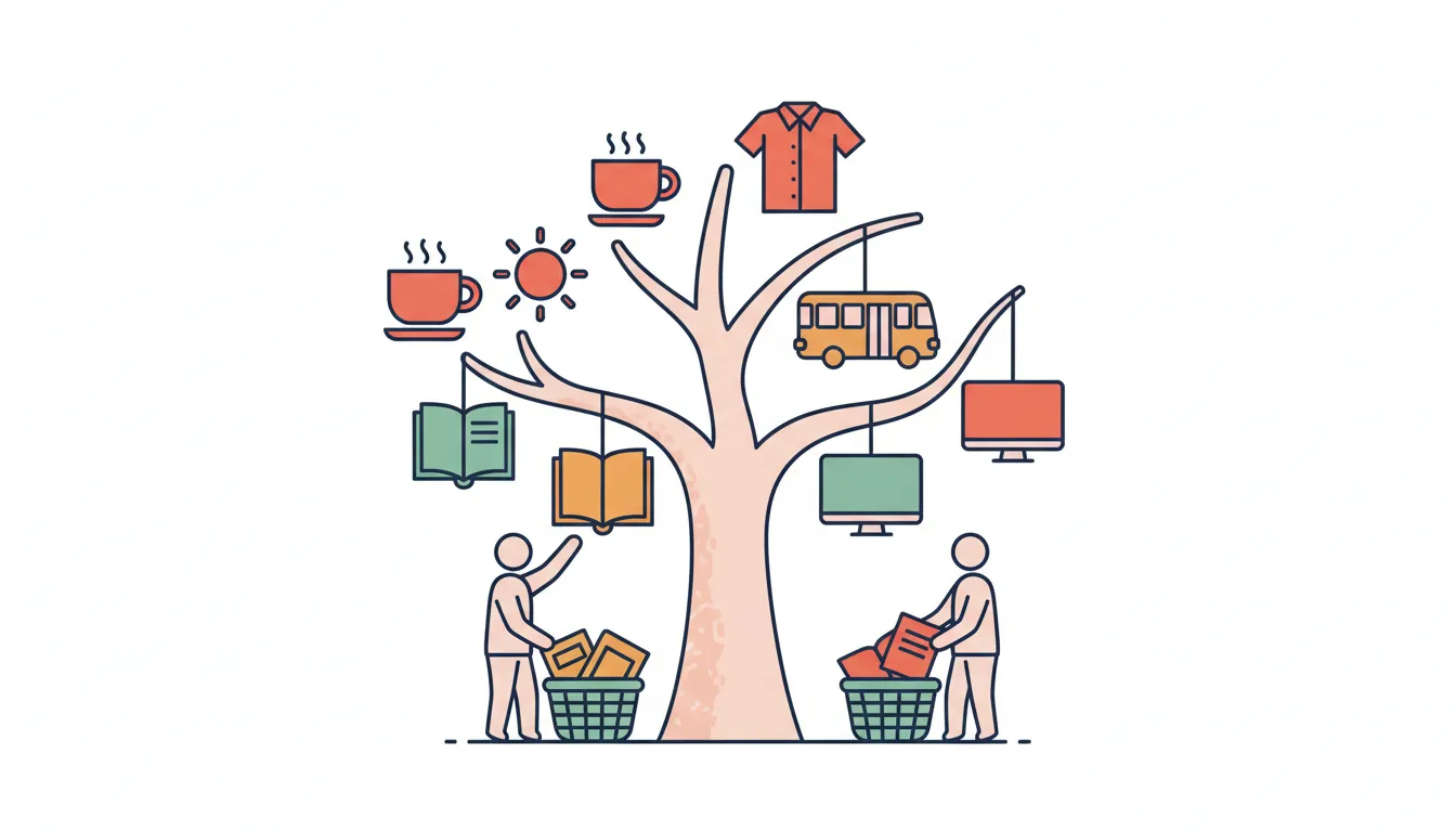 A large tree with different vocabulary topics as fruits being collected by small figures with baskets