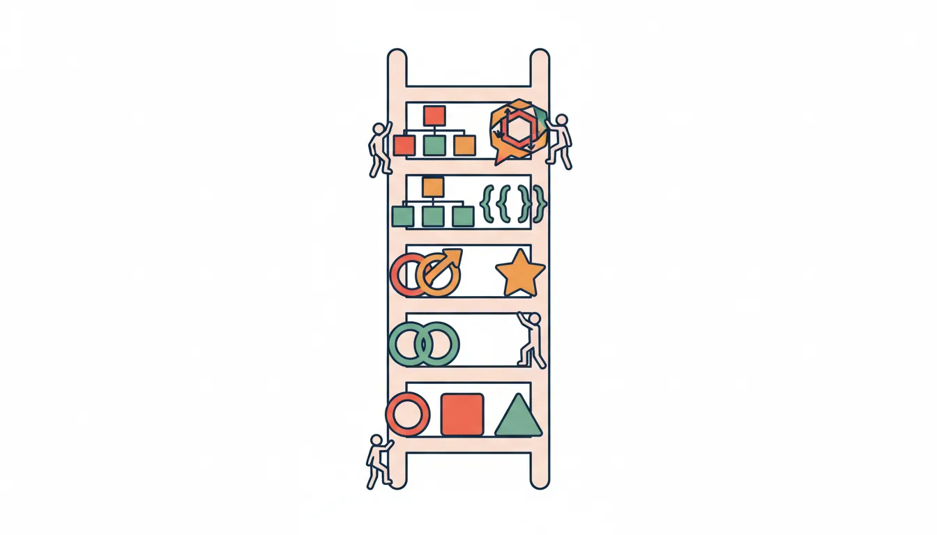 A ladder with grammar concepts as rungs, small figures climbing from basic structures at bottom to more complex ones higher up