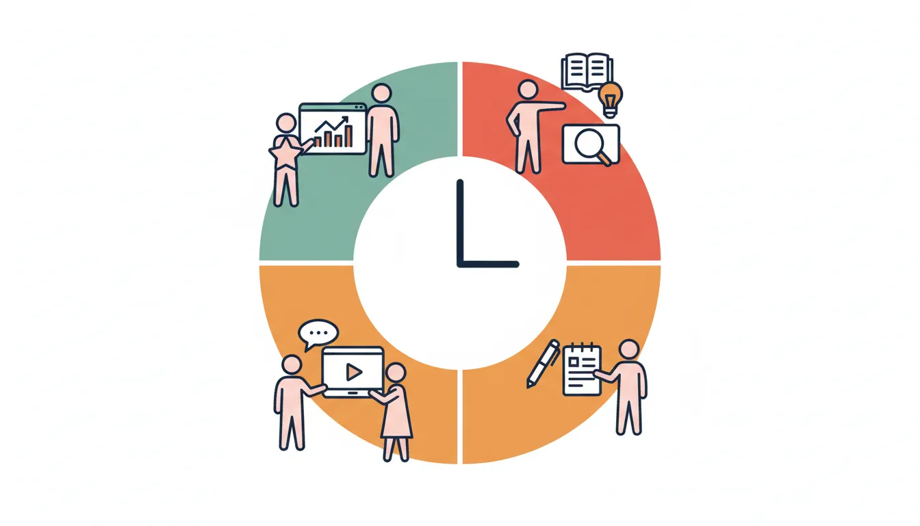A clock face divided into coloured segments showing lesson stages, with small figures engaged in different activities around each segment