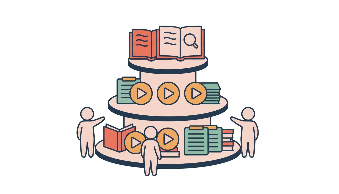 A podium with three levels displaying lesson materials, small figures examining and selecting the best options