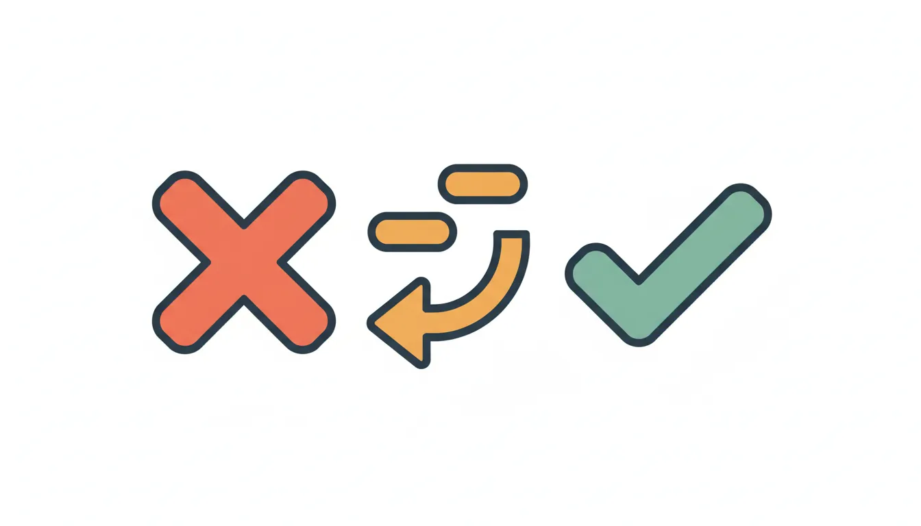 Red X mark transforming into green tick with grammar corrections floating between them