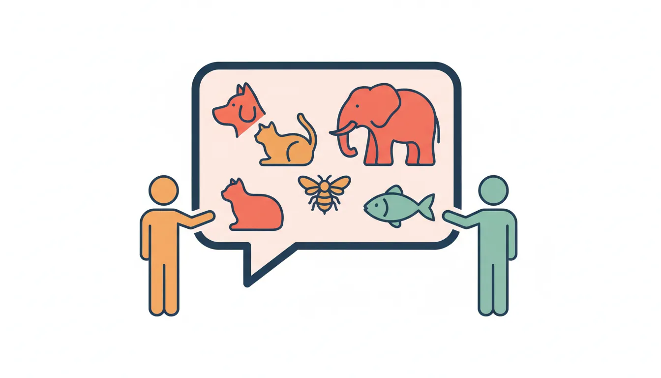 Conversation about animals showing small animal icons with human figures discussing