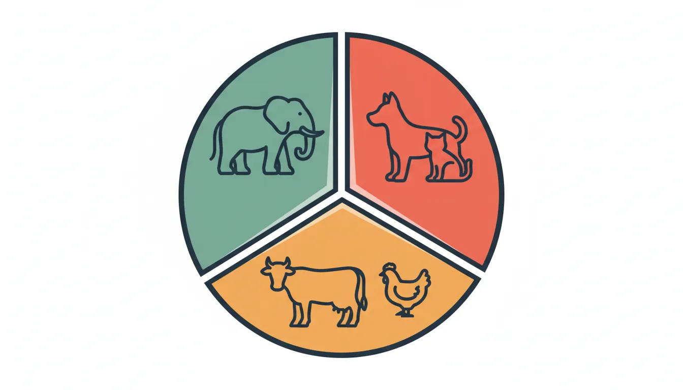 Visual categorisation showing three sections labeled pets, farm animals, and wild animals with representative icons