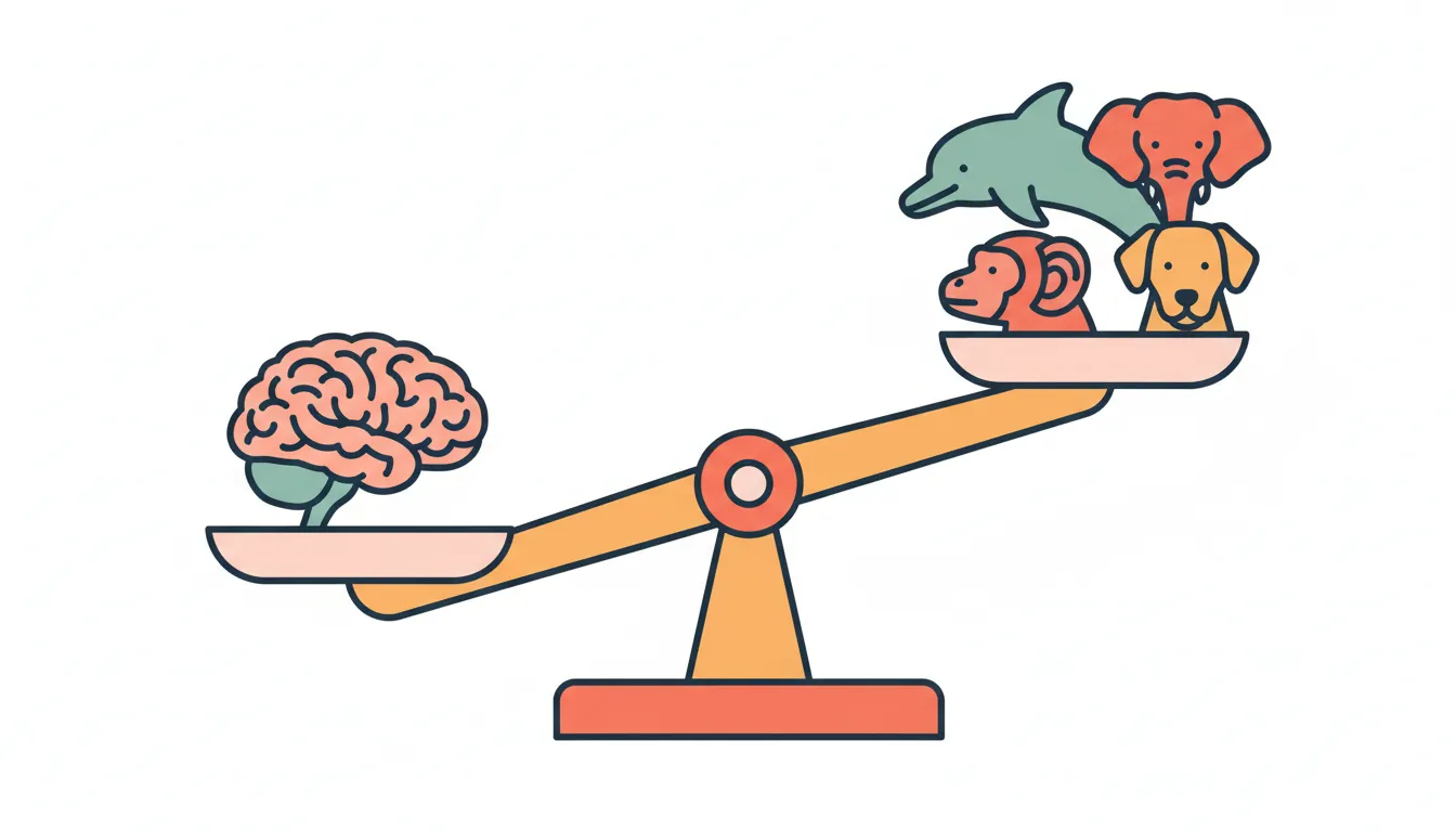 Balance scale with human brain on one side and various animal heads on the other representing intelligence comparison