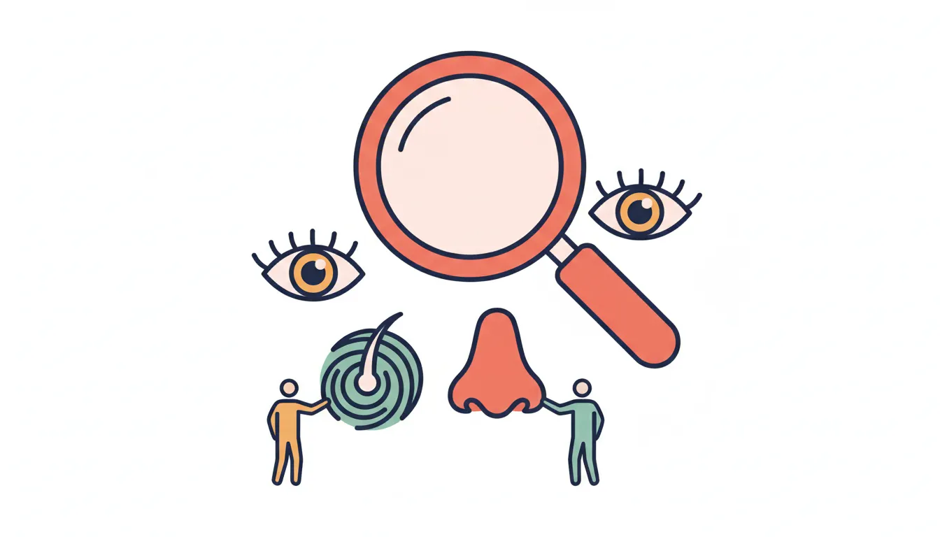 Appearance vocabulary elements with magnifying glass examining different facial features