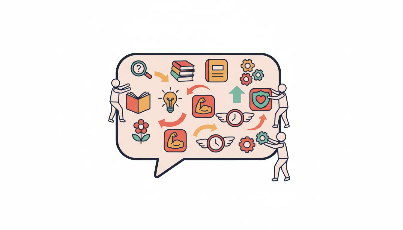 Speech bubble filled with floating appearance adjectives being arranged by small figures