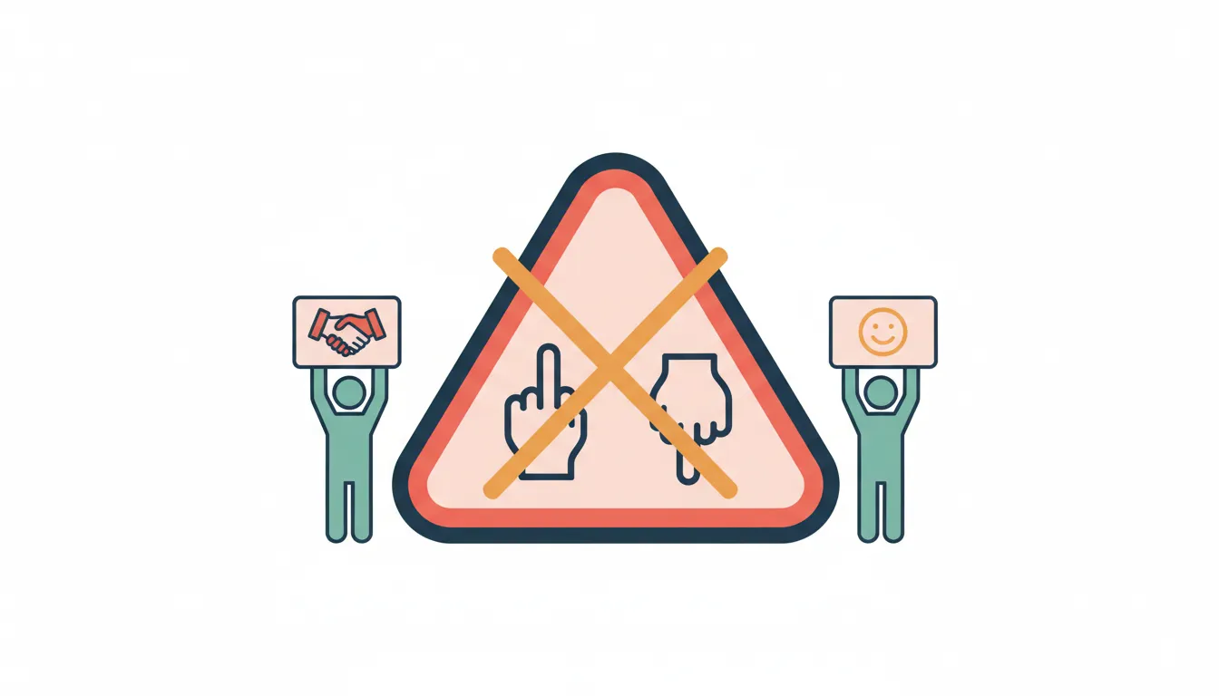 Warning triangle with crossed-out inappropriate words, small figures holding polite alternatives