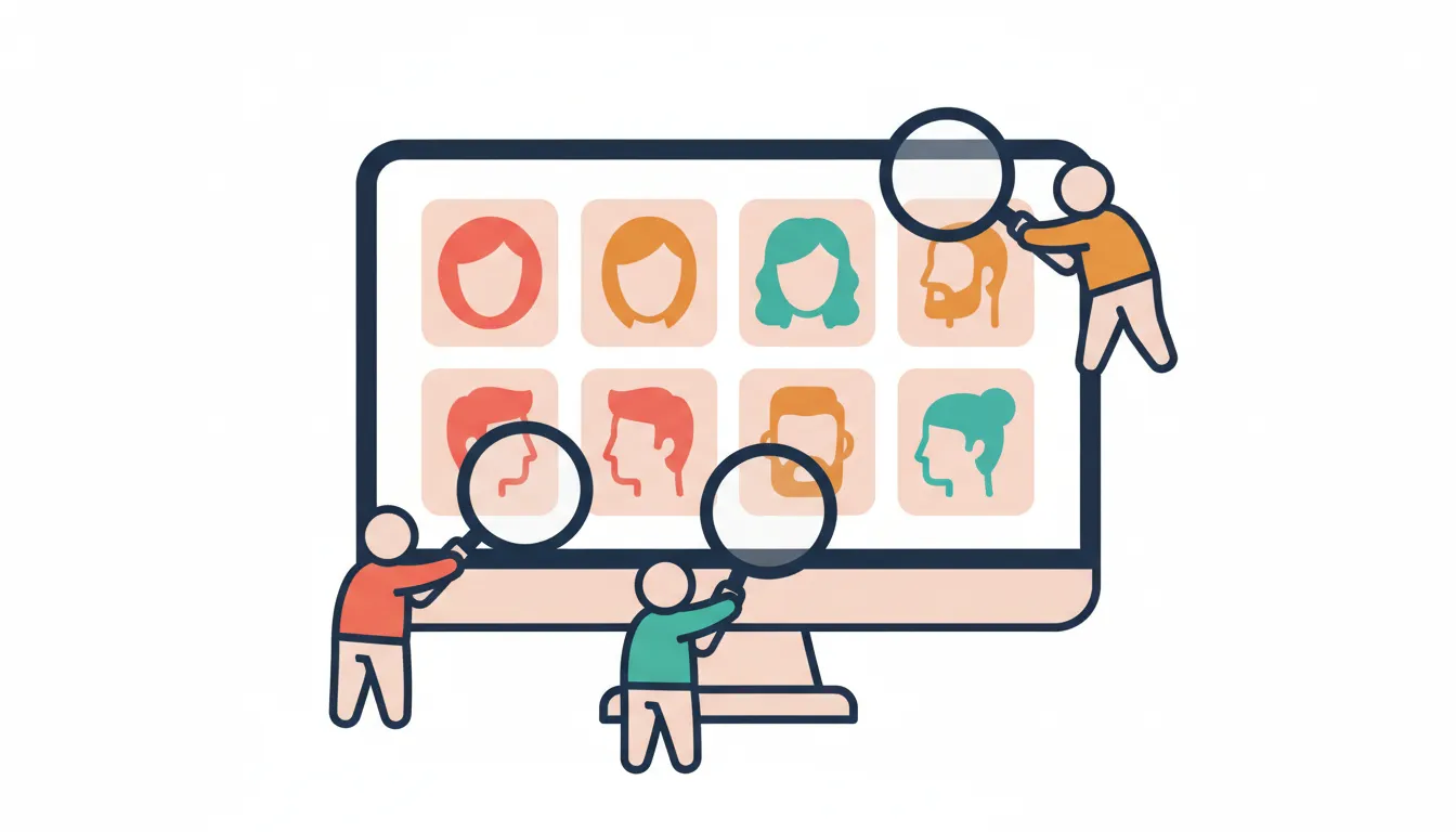 Computer screen showing video call windows with different faces, figures examining participants with magnifying glasses