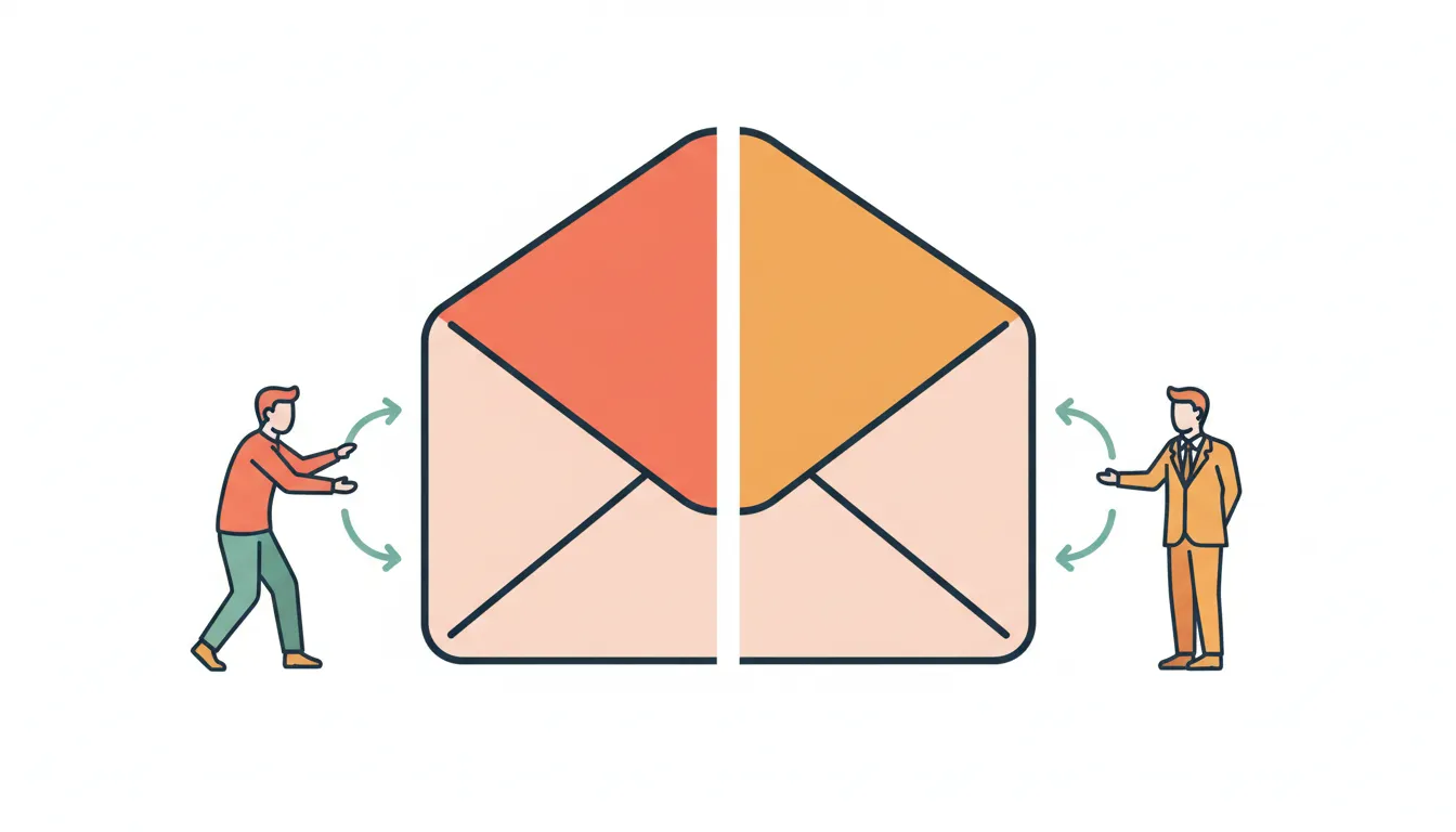 A giant email envelope transforming from casual to formal style, with small business figures adjusting tie and posture as they approach the formal side