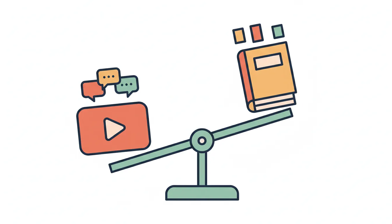Contemporary video screens and discussion elements compared to traditional textbook materials