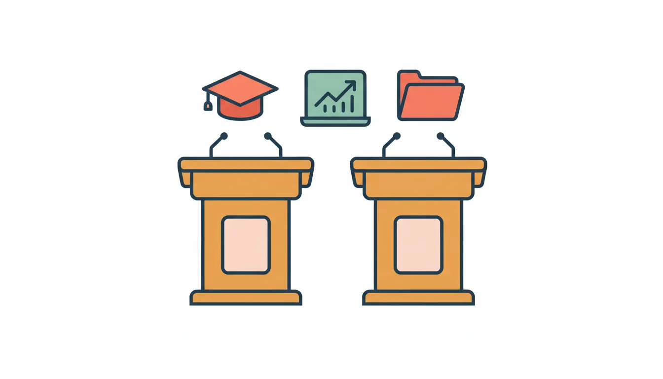 Debate podium with academic discussion symbols