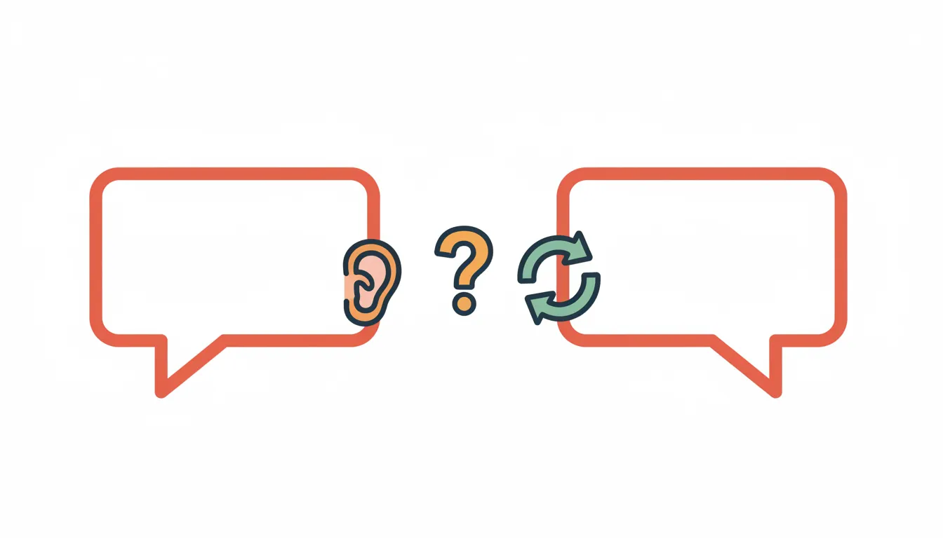 Two oversized speech bubbles facing each other with small conversation icons between them