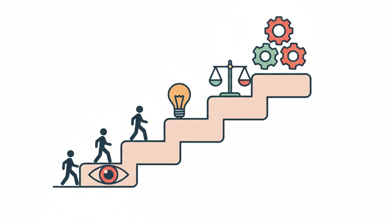 Staircase with figures climbing analytical thinking levels