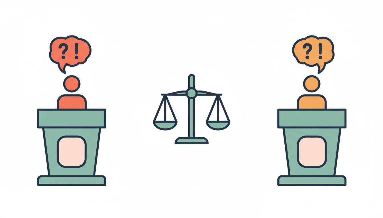 Debate podium with figures holding question marks