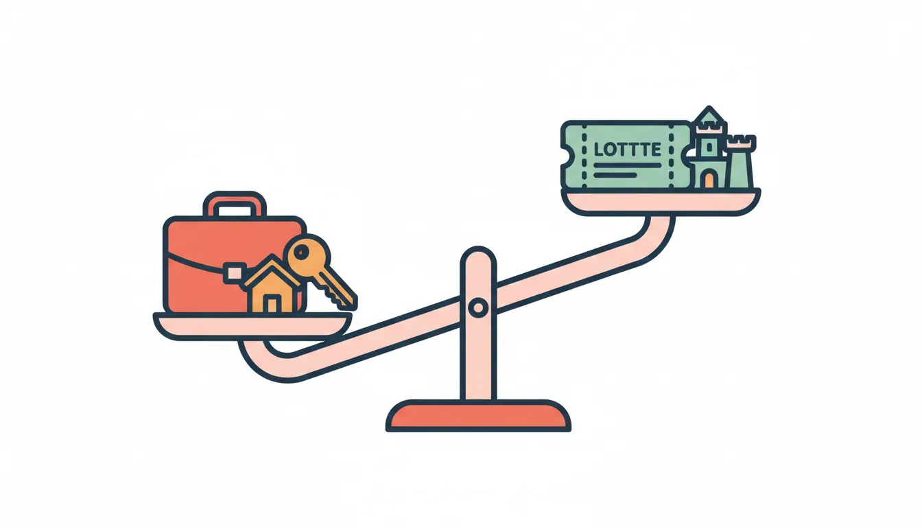 Balance scale showing realistic briefcase and keys versus lottery ticket and castle to represent probability weighting in conditionals