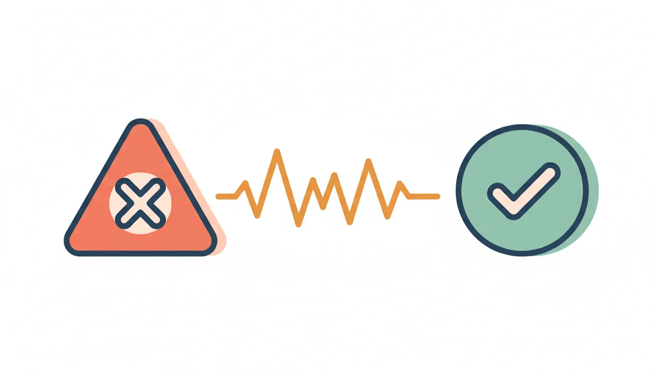 Red warning triangle with crossed-out incorrect sentence fragments and green checkmarks for corrections