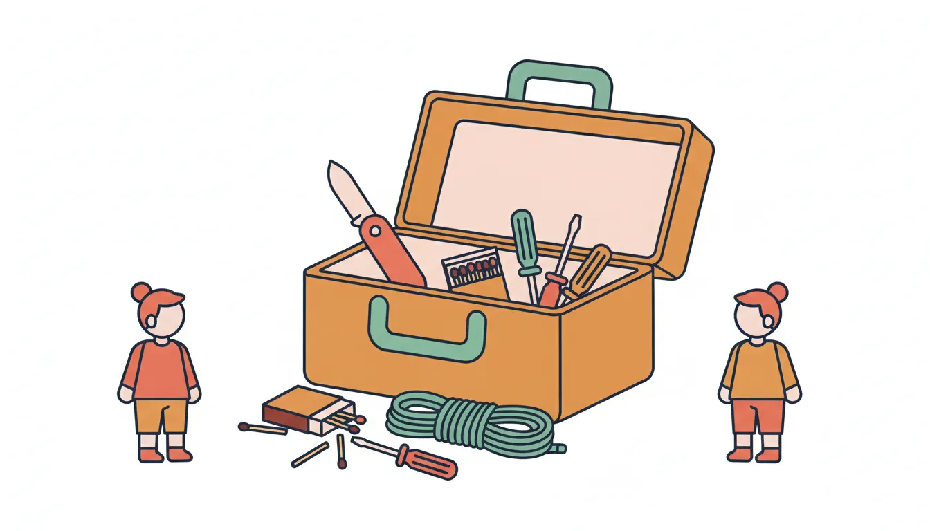 A large toolbox overflowing with childhood adventure items including a penknife, matches and small tools with two small figures examining the contents