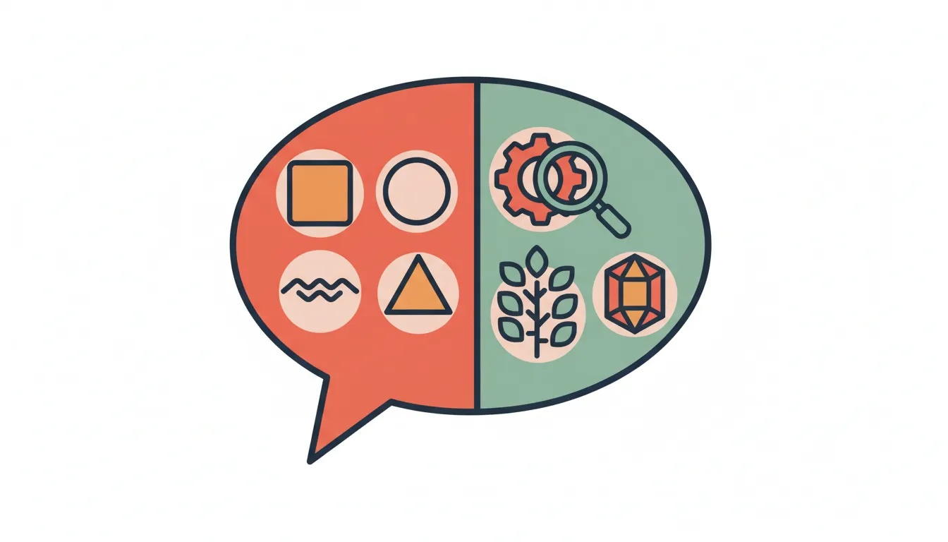 A split speech bubble showing basic words on one side and precise alternatives on the other