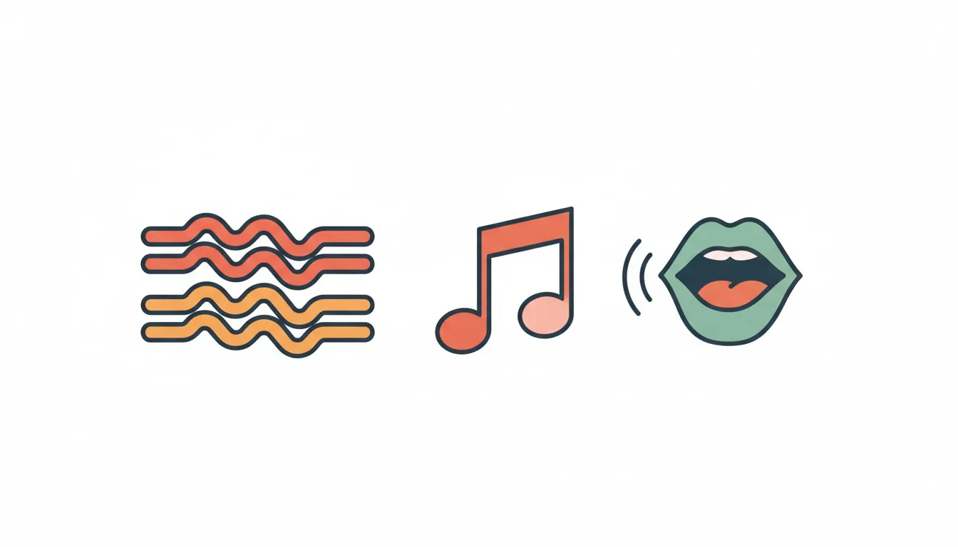 Sound waves showing stress patterns of emotion words with musical rhythm notation